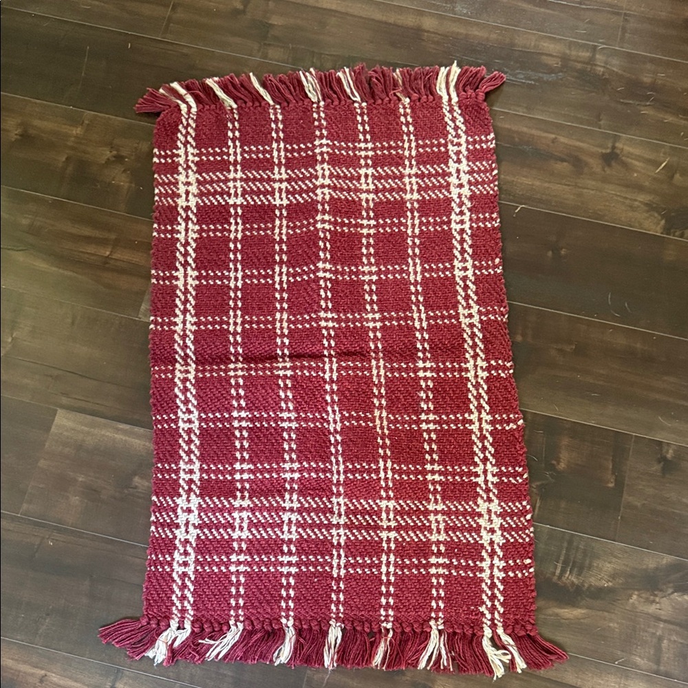 Maroon and White Plaid Fringe Rug